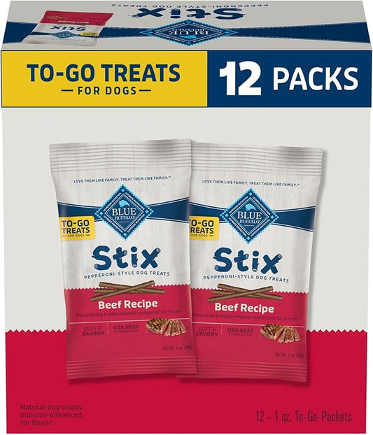 Blue Buffalo Stix Natural Soft Moist Dog Treats TOGO Beef Recipe, 1oz Bags, Pack of 12
