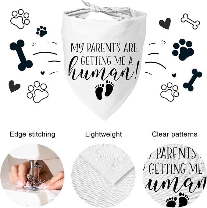 My Parents are Getting me a Human, Pregnancy Announcement Dog Bandana, Gender Reveal Photo Prop Pet Scarf Accessories,Pet Accessories for Dog Lovers (White)