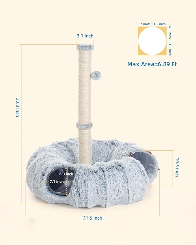 34'' Tall Cat Scratching Post with Tunnel Bed for Indoor Adults, Large Donut Tunnel, Fluffy Plush Peekaboo Cat Cave, Multifunctional Playground for All Cats