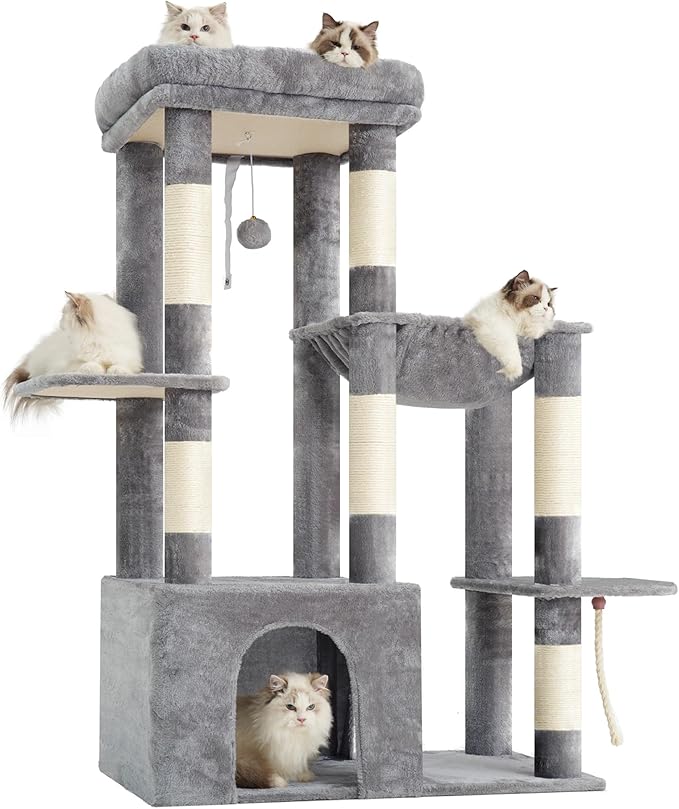 Heybly Heavy Duty Cat Tree, Tower for Indoor Cats Large Adult, Tall Cat Condo House with Extra-Large Baseboard, Multi-Level Plush Furniture with Scratching Posts, Hammock,Toy Balls,Light Gray HCT026W