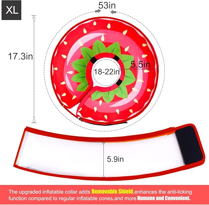 Inflatable Dog Cone Collar for Large Medium Small Dogs, Soft Dog Donut Collar Adjustable Recovery Cone for Pets After Surgery, Extra Enhanced Anti-Licking Guard Shield for Pets (X-Large, Strawberry)
