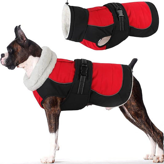 Dogcheer Dog Coat, Christmas Dog Jacket, Waterproof Turtleneck Puppy Winter Coat, Adjustable Pet Puffer Jacket, Reflective Warm Fleece Coats for Small Medium Large Dogs - Red, L
