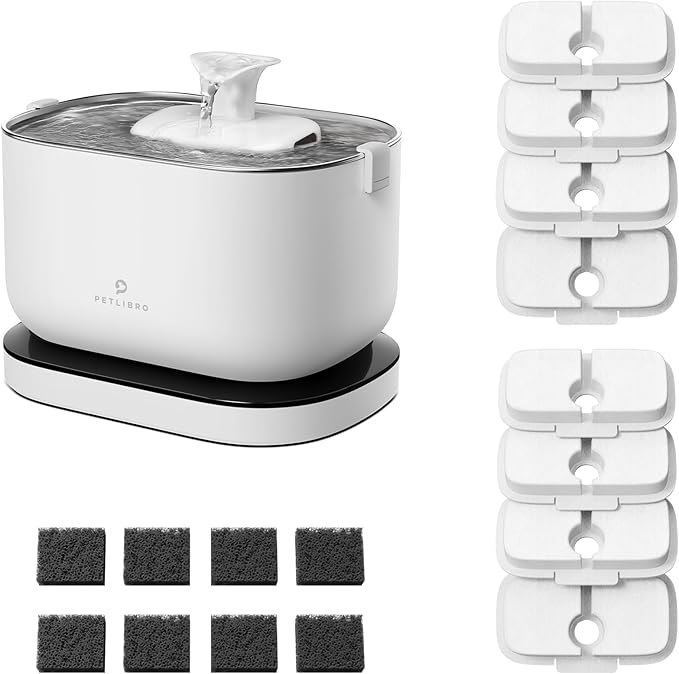 Bundle of PETLIBRO Cat Water Fountain + 8 Packs Genuine Replacement Filters 4 Months Set, Cordless Pet Water Fountain Battery Operated, Cat Fountain with Stainless Steel Tray, Easy to Clean BPA-Free