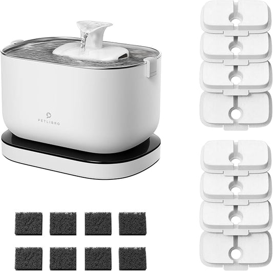 Bundle of PETLIBRO Cat Water Fountain + 8 Packs Genuine Replacement Filters 4 Months Set, Cordless Pet Water Fountain Battery Operated, Cat Fountain with Stainless Steel Tray, Easy to Clean BPA-Free