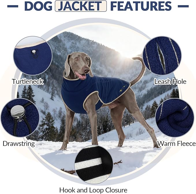ROZKITCH Reversible Fleece Dog Jacket, Super Warm Sherpa Sweater with Leash Hole & Embroidery, Adjustable Double-Sided Plush Vest for Medium Breeds Outdoor Indoor DarkBlue L