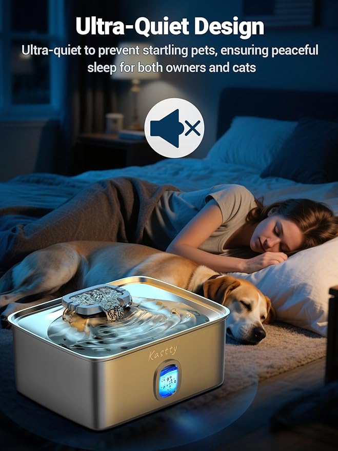 Kastty 15L/3.96 Gal Stainless Steel Dog Water Bowl Dispenser, Large Capacity Dog Water Fountain Quiet LED Light Triple Filtration BPA-Free, Automatic Pet Water Fountain Easy Cleaning for Pet FS76