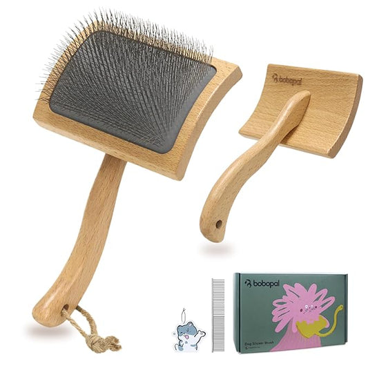 Dog Slicker Brush for Shedding,Dog Brush for Long Haired Dogs & Remove Tangles & Mats,Ergonomic Handle Grooming Like Professional,Beech Wood,L