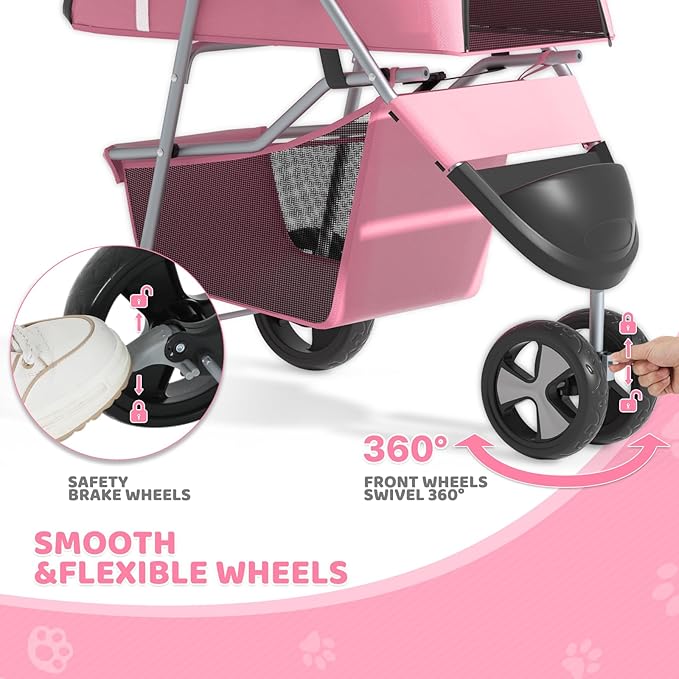 Magshion 3-Wheel Pet Stroller, Foldable Travel Jogger for Small & Medium Dogs & Cats (Up to 33lbs), Lightweight Carrier with Breathable Mesh Cover, Cup Holder & Storage Basket, Pink