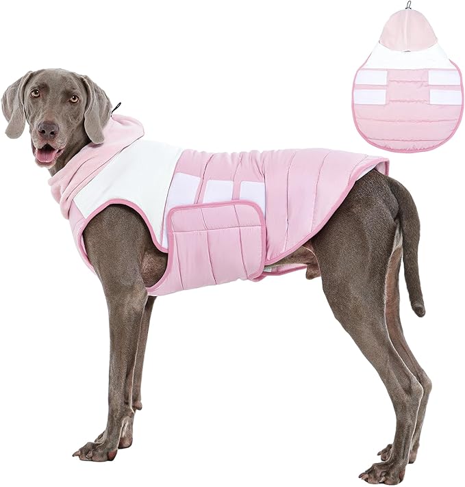 FUAMEY Dog Fleece Jacket Winter Pink L, Cozy Coat Large Dogs Quick Fit for Cold Days, Pee Friendly Cut, Move Freely,(L-Pink)