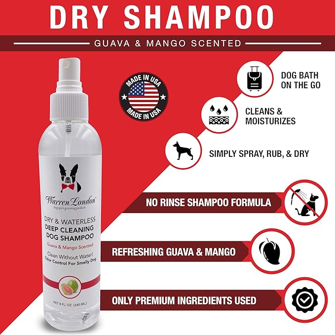 Warren London Waterless Dog Shampoo 8 oz – Guava Mango No-Rinse Dry Shampoo Spray | Instant Deodorizer for Smelly Pets, Itch Relief, Dye-Free & Cruelty-Free | Made in USA