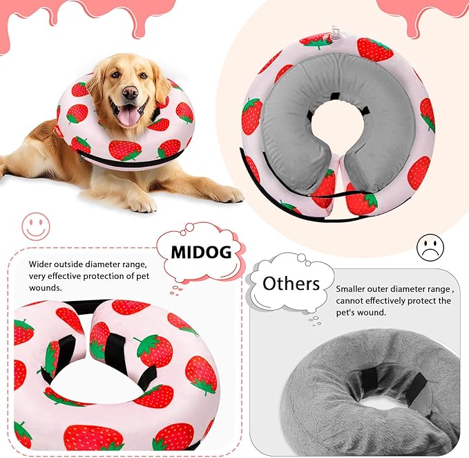 MIDOG Inflatable Dog Cone Alternative for After Surgery - Soft Protective Donut Collar Prevents Licking, Comfortable Recovery E-Collar Alternative for Small Medium Large Dogs (Strawberry,M)