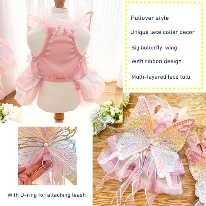 Butterfly Dog Costume Pink Dog Dress with Leash Ring Lolita Puppy Clothes for Small Dog Girl Halloween Cat Outfit for Kitten Chihuahua Yorkie Pomeranian(Purple, Small)