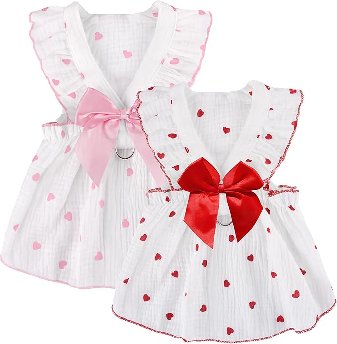 2 Pack Dog Dress Clothes for Small Dogs Girl with Leash Ring&Bows Puppy Cat Clothes Heart Print Cat Dog Outfit Dresses Ruffled Summer Pet Apparel Holiday Birthday Small
