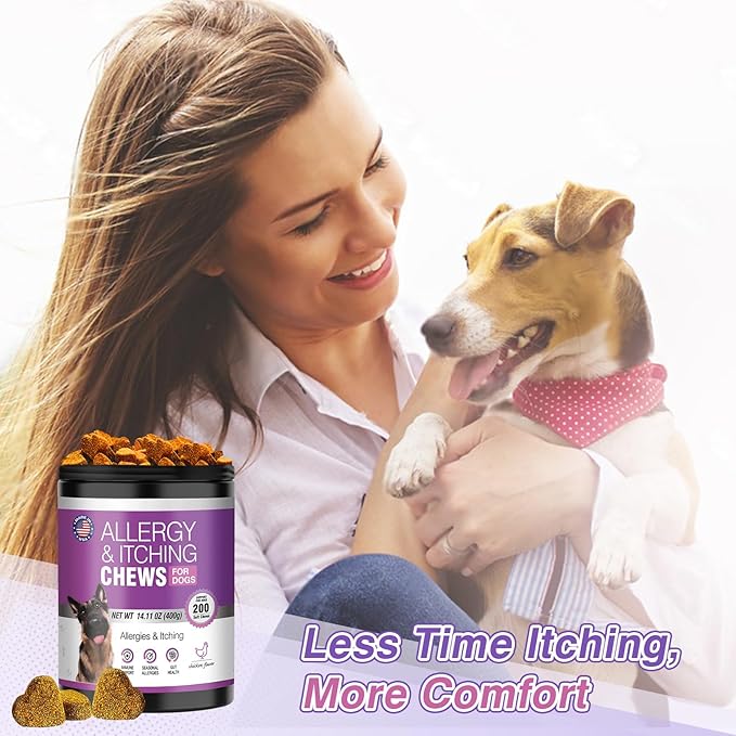 Dog Allergy Chews - Dog Allergy and Itching Skin Relief Anti Itch Aller Immune Bites for Dogs Licking Paws Relief Itchy Chew Probiotics Vitamins for Skin and Coat Allergies - (Chicken, 200 Ct)