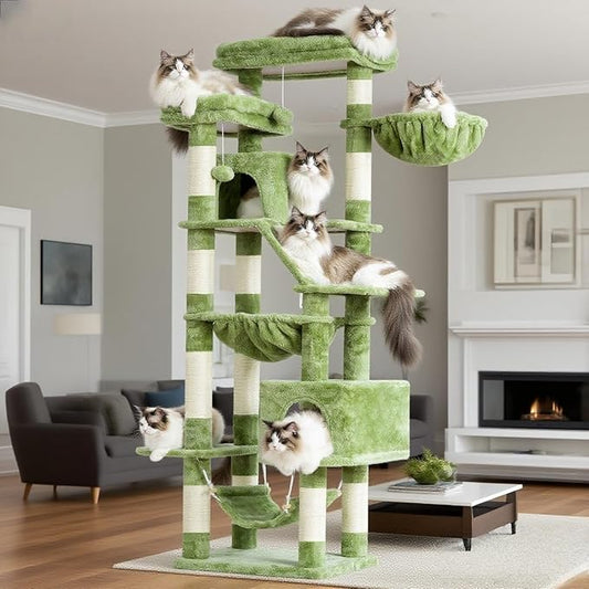 Heybly Cat Tree, 71-Inch Tall Tower for Indoor Cats with 2 Perches, 2 Big Condos, 2 Hammocks, Basket, Scratching Pad, Large Cat Furniture and Condo, Green HCT034GR