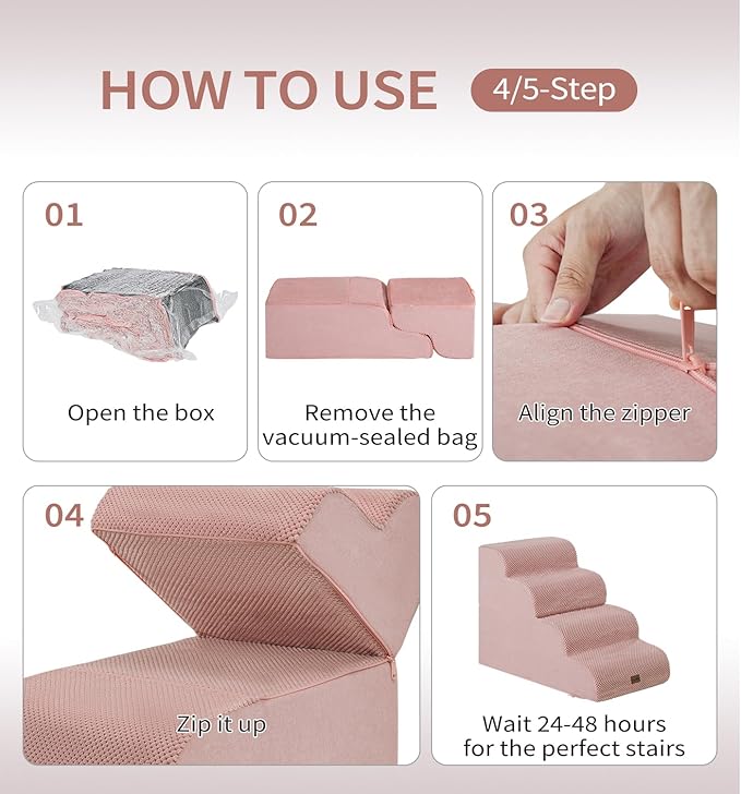 Made4Pets Dog Stairs Ramp for Bed, 4-Step Dog Steps for High Bed Couch Sofa Climbing, 35D Foam Pet Steps for Small Dogs and Cats, Non-Slip Bottom Pet Stairs, Pink
