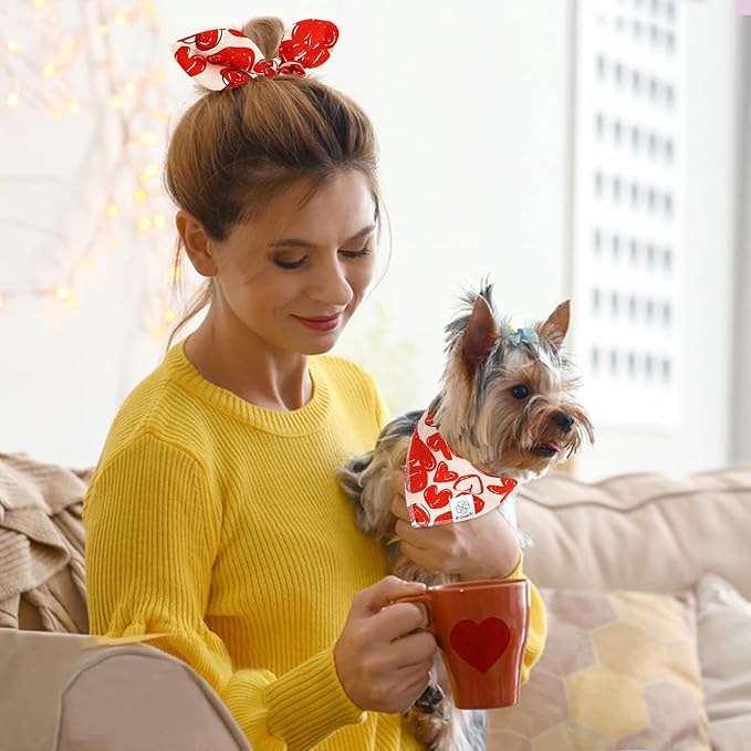 E-Clover Cute Bandana & Matching Scrunchie-Heart Dog Bandanas Red Pet Scarf Bib for Small Dogs Puppy Girl Boy Owner Mothers Day Mom Gift