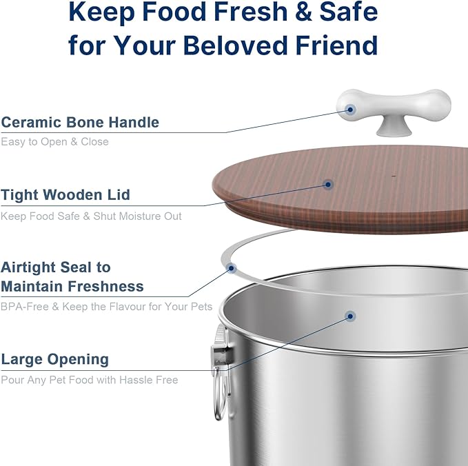 2PK 25 Lbs total 50 Lbs Stainless Steel Dog Food Storage Container with Airtight Wooden Lid & Ceramic Bone Handle, Large Metal Dog Food Bin for Dogs & Cats, Keep Fresh, Easy to Clean