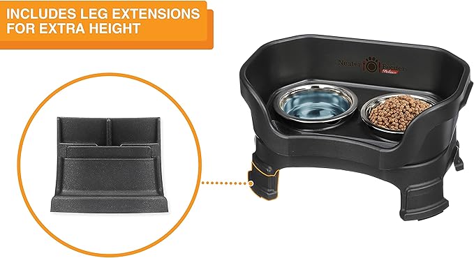 Neater Feeder Deluxe Mess Proof Cat Bowls Elevated for All Breeds – Made in USA – No Spill Raised Cat Bowls for Indoor Cats w/Leg Extensions – Stainless Steel Cat Food and Water Bowl Set - Black