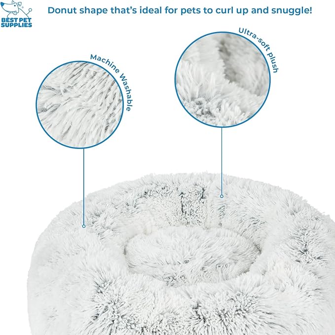 Best Pet Supplies Round Donut Dog Bed with Plush Faux Fur Fabric, Calming, Anti-Anxiety Cushion for Indoor Pets, Slip-Resistant Base, Soft Ergonomic Support - Light Warm Gray, 27x27x7.5''