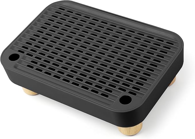 Cat Litter Box Step Ramp, Cat Litter Catcher Mat with Wooden Feet, Filter Function, Pedal Stool for Self-Cleaning Litter Box, Ideal for Kitten & Elderly Cats (Black)