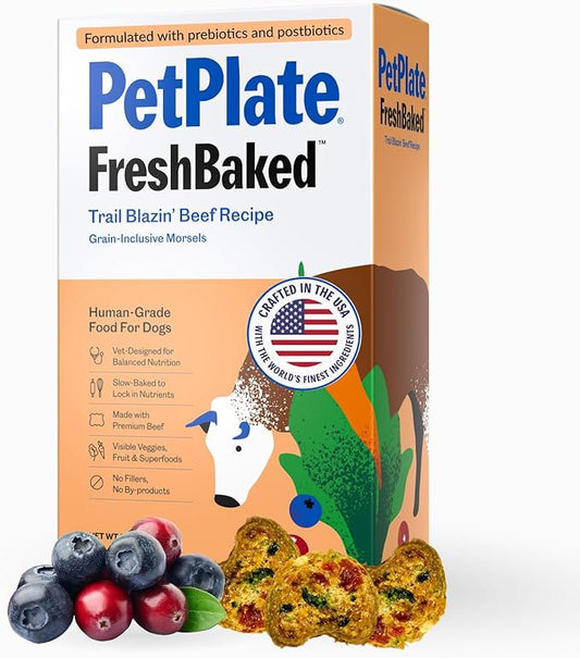 PetPlate Trail Blazin' Beef FreshBaked Dry Dog Food Grain-Inclusive, Gently Baked and Air-Dried Human Grade Dog Food, Formulated with Prebiotics and Postbiotics, No Fillers or by-Products, 2lbs