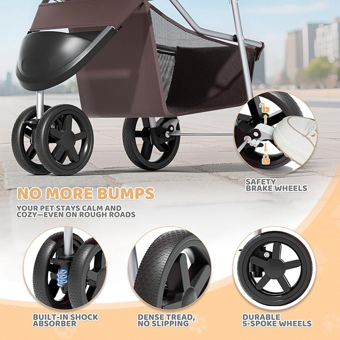 Magshion 3-Wheel Pet Stroller, Foldable Travel Jogger for Small & Medium Dogs & Cats (Up to 33lbs), Lightweight Carrier with Breathable Mesh Cover, Cup Holder & Storage Basket, Coffee