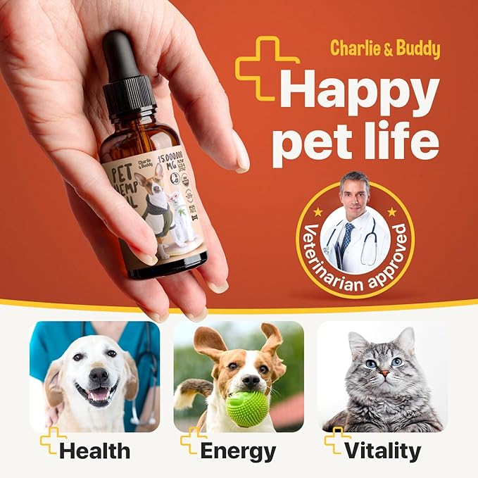 Charlie Buddy - Hеmp Oil for Dogs Cats - Hip and Joint Support and Skin Health - Anxiety, Calm, Pain - Omega 3, 6, 9 and Vitamins B, C, E