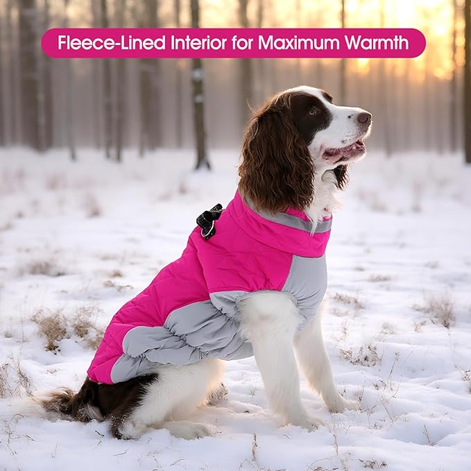 FUAMEY Dog Coat for Large Dogs,Waterproof Dog Winter Jacket with Harness Built in Puppy Cold Weather Coats Reflective Pet Vest with Zipper Warm Fleece Dogs Snowsuit Windproof Pink L