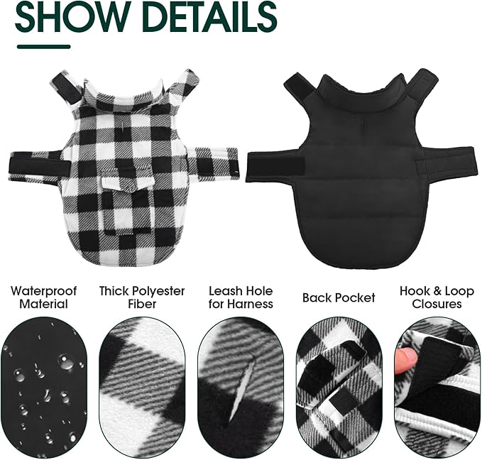 Kuoser Dog Winter Coat, Windproof Dog Fleece Jacket British Style Plaid Cold Weather Doggie Vest Coats, Reversible Cozy Warm Pet Clothes Apparel for Extra Large Size Dogs XXXL