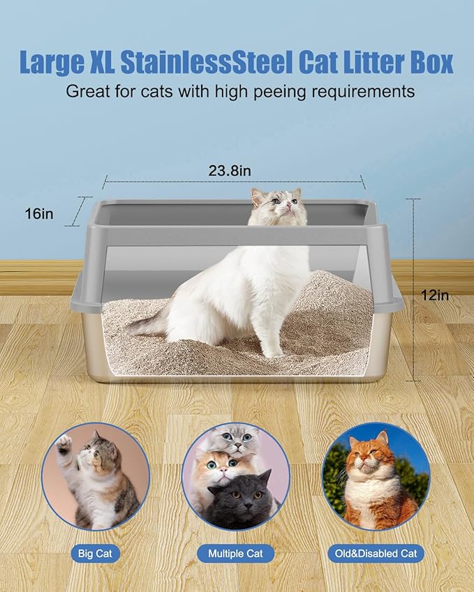 Stainless Steel Litter Box, Metal Litter Boxs with Lid High Sides, XL Extra Large Litter Box for Big Cats, Never Absorbs Odors, Leak-Proof, Stain-Free, Rust-Free, Easy to Clean, Scoop Included…