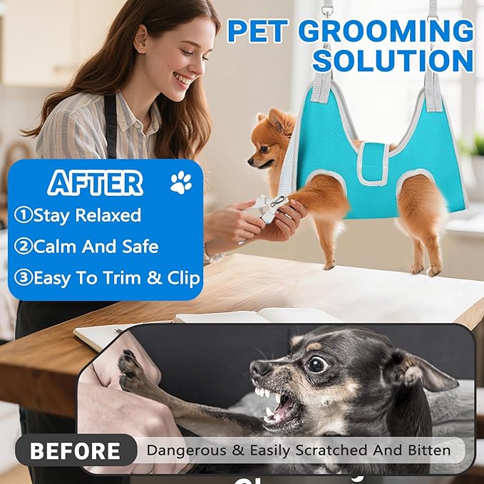 Supet Dog Grooming Hammock for Medium Dogs, Dog Hanging Harness for Nail Trimming Doorframe, Pet Holder Restraint for Clipping Nails, Pet Hoist Sling for Cutting Nails at Home (Blue M)