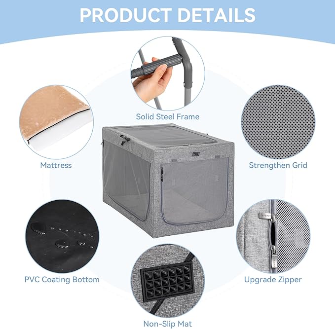 PETSFIT Collapsible Dog Crate, Soft Sided Dog Crate - 40 Inch Easy Set-up, Light, Sturdy, Comfy Inside with Thicken Mat, Portable Crate for Home and Travel Gray