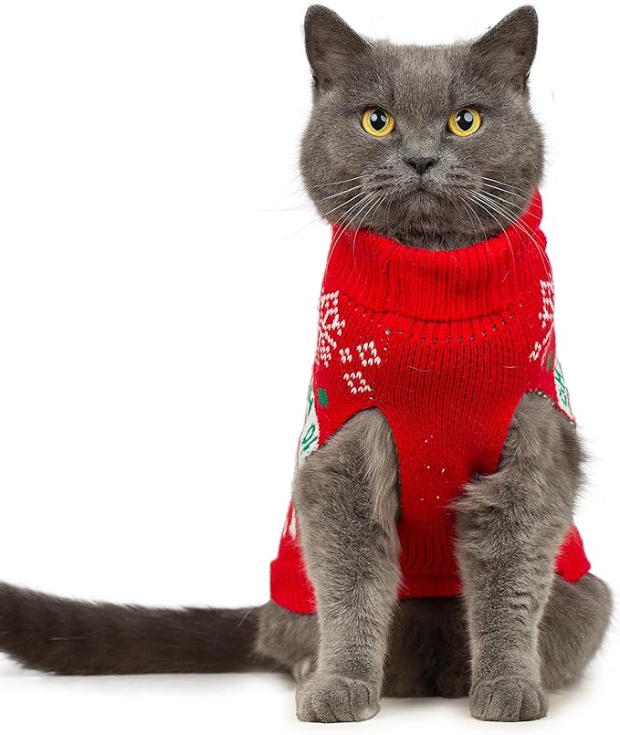 Stretchy Cat Christmas Sweater - 2 Packs Christmas Sweaters for Cats | Snug Winter-Ready Knit for Boy/Girl Cats & Kittens(Scarlet, Large)