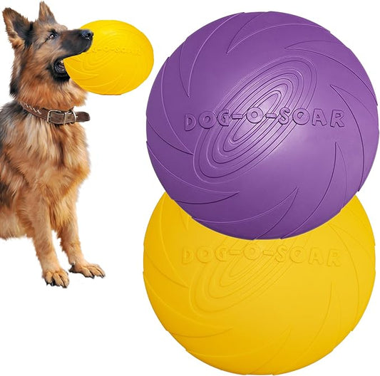 Indestructible Dog Flying Disc, Interactive Dog Flyer Toys, Soft Dog Catch Fetch Toys for Small Medium Large Dogs, Floats in Water & Safe on Teeth, 9.05 in (Purple and Yellow, 2Pcs)