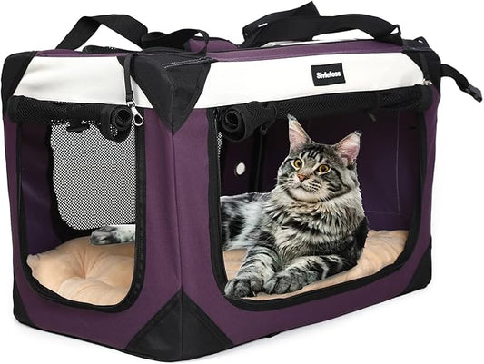 Large Cat Carrier, Collapsible Dog Travel Crate Portable Soft-Sided Pet Carrier with Super Soft Warm Plush Mat for Indoor and Outdoor 20x14x14in,Purple