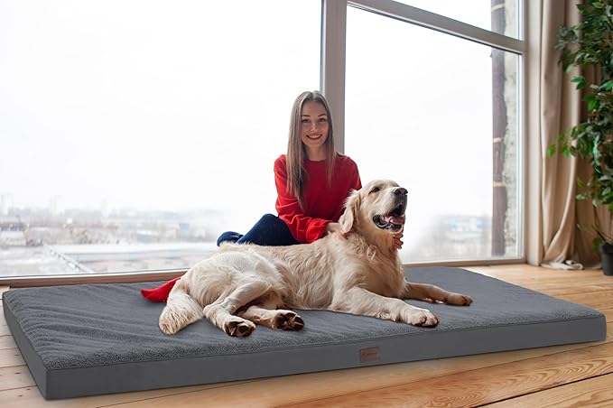 MIHIKK Waterproof Human Dog Bed Orthopedic Dog Beds for Crate with Removable Washable Cover Egg-Crate Foam Pet Pad Mat with Anti-Slip Bottom, 75x38 Inch, Grey