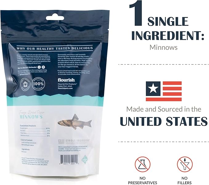 Flourish Pets Freeze-Dried Raw Pet Treats for Dogs, Raw Minnow Chews (1 Oz)