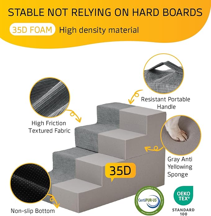 Dog Stairs for High Bed, Dog Steps for Bed Couch Sofa, 35D Foam Extra Wide Pet Steps for Small Dogs and Cats, Pet Stairs with Non-Slip Bottom Grey, 4 Steps