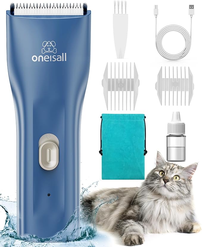 oneisall Pet Clipper for Cat Matted Hair, Pet Shaver for Cats Quiet Pet Clippers Waterproof Cordless Cat Clippers for Matted Hair Long Hair with Storage Bag (Blue)