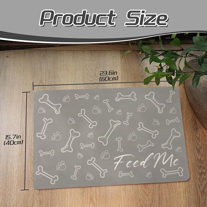 Le courant Dog Bowl Mats for Feeding, Cat Feeding Mat, Non-Slip Super Absorbent,No Stains Quick Dry Dog Water Dispenser.for Messy Drinkers.Easy Clean.Grey.Bone Printing-15.7x23.6 in