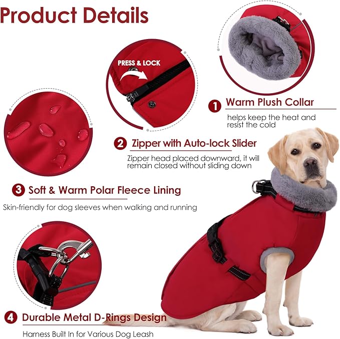 AOFITEE Dog Coat for Large Dogs, Warm XL Dog Jacket Winter, Pet Winter Coat with Harness Built in, Fleece Puffer Jacket Waterproof Reflective Snowsuit for Extra Large Dogs, Christmas Red XL