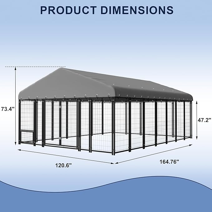 10X14FT Dog Kennel Outside Double Door Dog Kennel Outdoor with Feeding, Heavy Duty Outdoor Dog Crate Durable Dog Cage with Roof & Double Lock