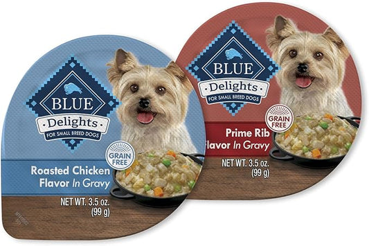 Blue Buffalo Delights Natural Adult Small Breed Wet Dog Food Cups, In Gravy, Chicken and Prime Rib 3.5-oz (12 Pack- 6 of Each Flavor)