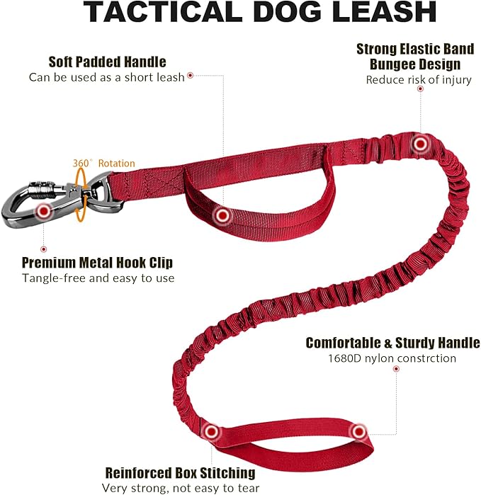 Tactical Dog Collar and Bungee Leash,Military Dog Collar & Leash Set with USA American Flag Adjustable K9 Collar with Heavy Duty Metal Buckle & Handle,with Patches and Airtags Case (L, Red)