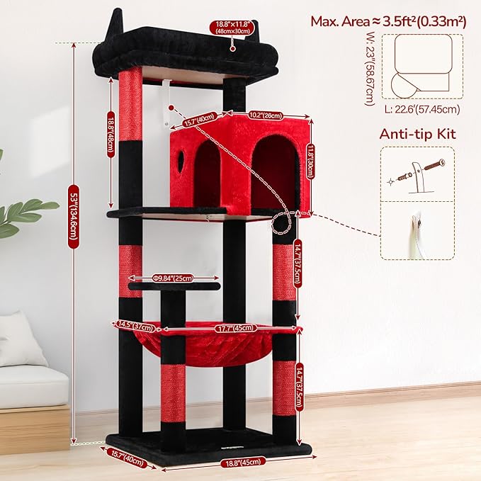 Globlazer Gothic Cat Tree Tower with Scratching Post for Indoor Cats, 53inch Tall Plush Multi-Level Cat Climbing Tower Condo with Large Hammock, Spacious Cat Cave, Padded Top Perch, F53, Red Black