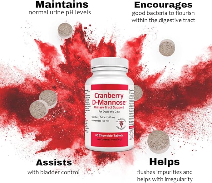 Cranberry D-Mannose Urinary Tract Supplement for Dogs & Cats – Bladder & UTI Health Support – Cranberry Extract, D-Mannose & Vitamin C–Promotes Urinary Wellness & Kidney Function – 60 Chewable Tablets