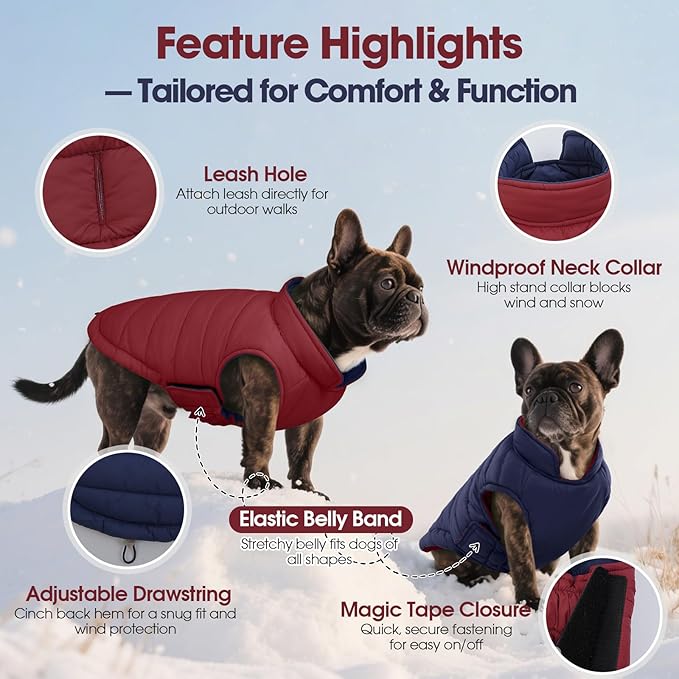 QBLEEV Reversible Dog Coat, Warm Snowproof Dog Puffer Jacket for Large Dogs, Waterproof Cold Weather Coats with Hook & Loop, 2-in-1 Lightweight Windproof Padded Vest for Big Pitbull, Wine Red, XL