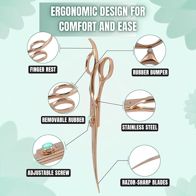 Kenchii Rose Dog Grooming Scissors, 7 Inch Curved Shears, Dog Scissors for Grooming, Ergonomic Design for Comfort and Precision, Heavy Duty, Durable and Sharp