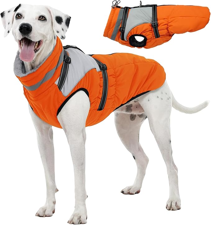 Kuoser Dog Coat, 2 in 1 Dog Jacket with Harness Built in, Winter Waterproof Puppy Puffer Jacket Snowsuit for Small Medium Large Dogs, Cold Weather Reflective Pet Fleece Vest with Zipper